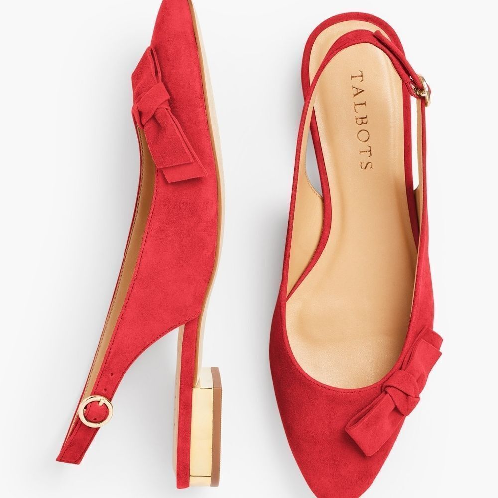 Talbots Edison Bow Slingback Flats Red Suede Leather Size 9.5